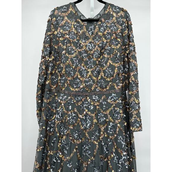 Mac Duggal Charcoal Embellished Illusion High Neck L/S A Line Gown [ 24 ]‎ - Picture 4 of 13